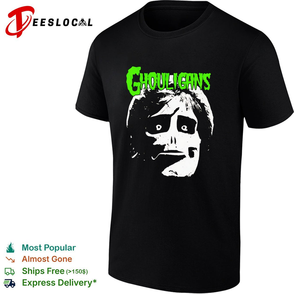 Ghouligans classic horror punk skull face green typography shirt