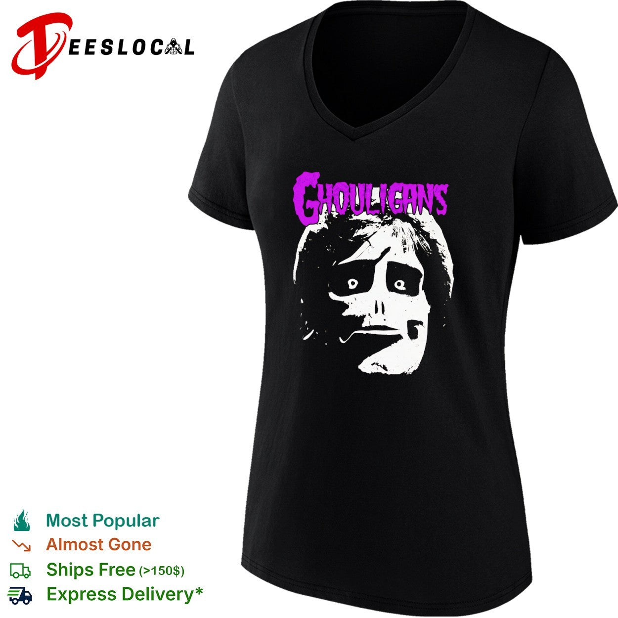 Ghouligans classic horror punk skull face purple typography shirt
