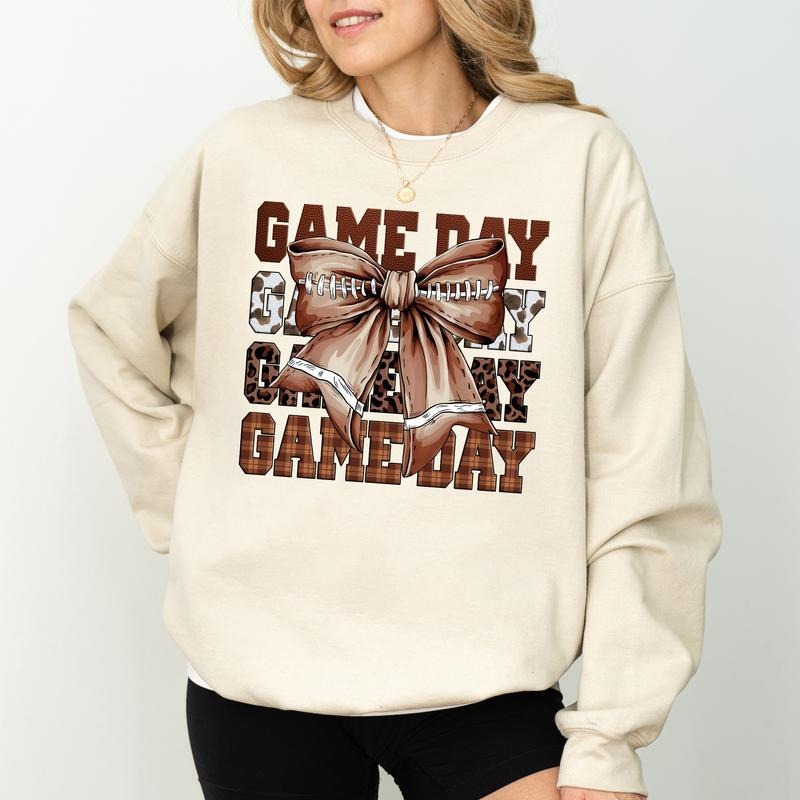 Girly Coquette Bow Game Day Football Sweatshirt, Vintage Football Crewneck for Girls, Fall Sports Sweater for Women, Game...