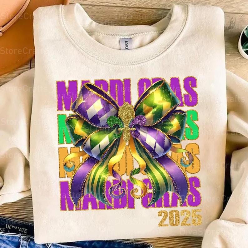 Glitter Mardi Gras Coquette Bow sweatshirt-hoodie-tshirt, Mardi Gras tshirt, Mardi Beads Louisiana Festival Shirt, New...