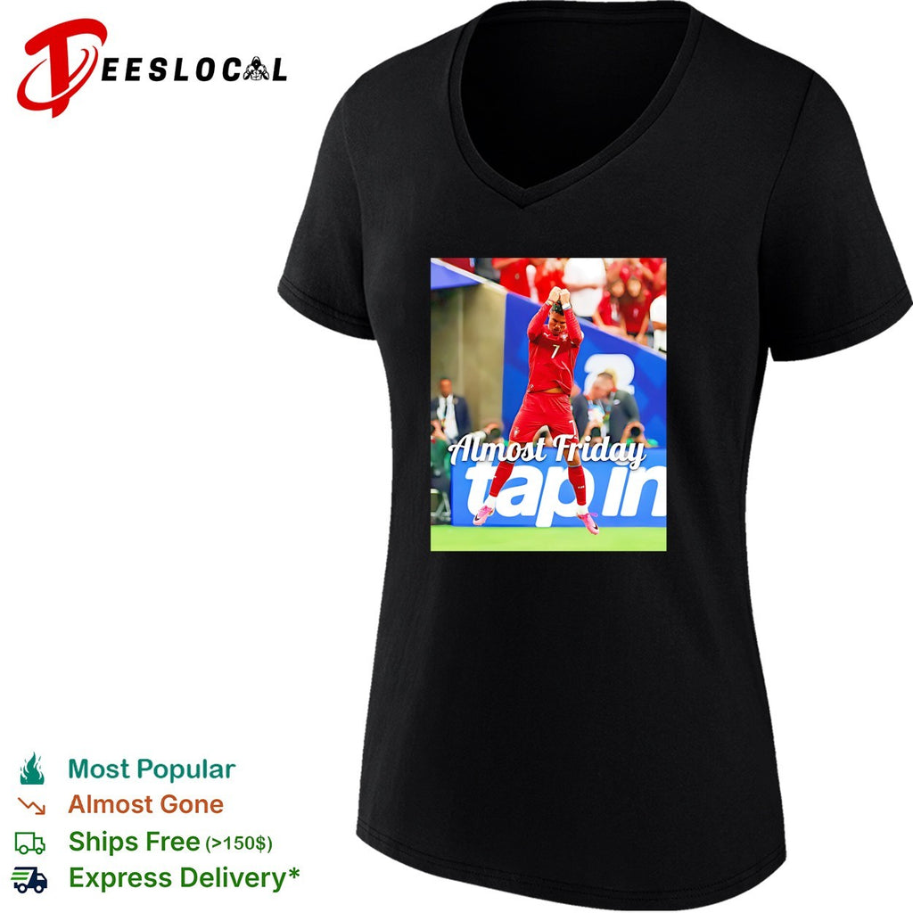 Goalkeeper celebrating tap in Almost Friday shirt