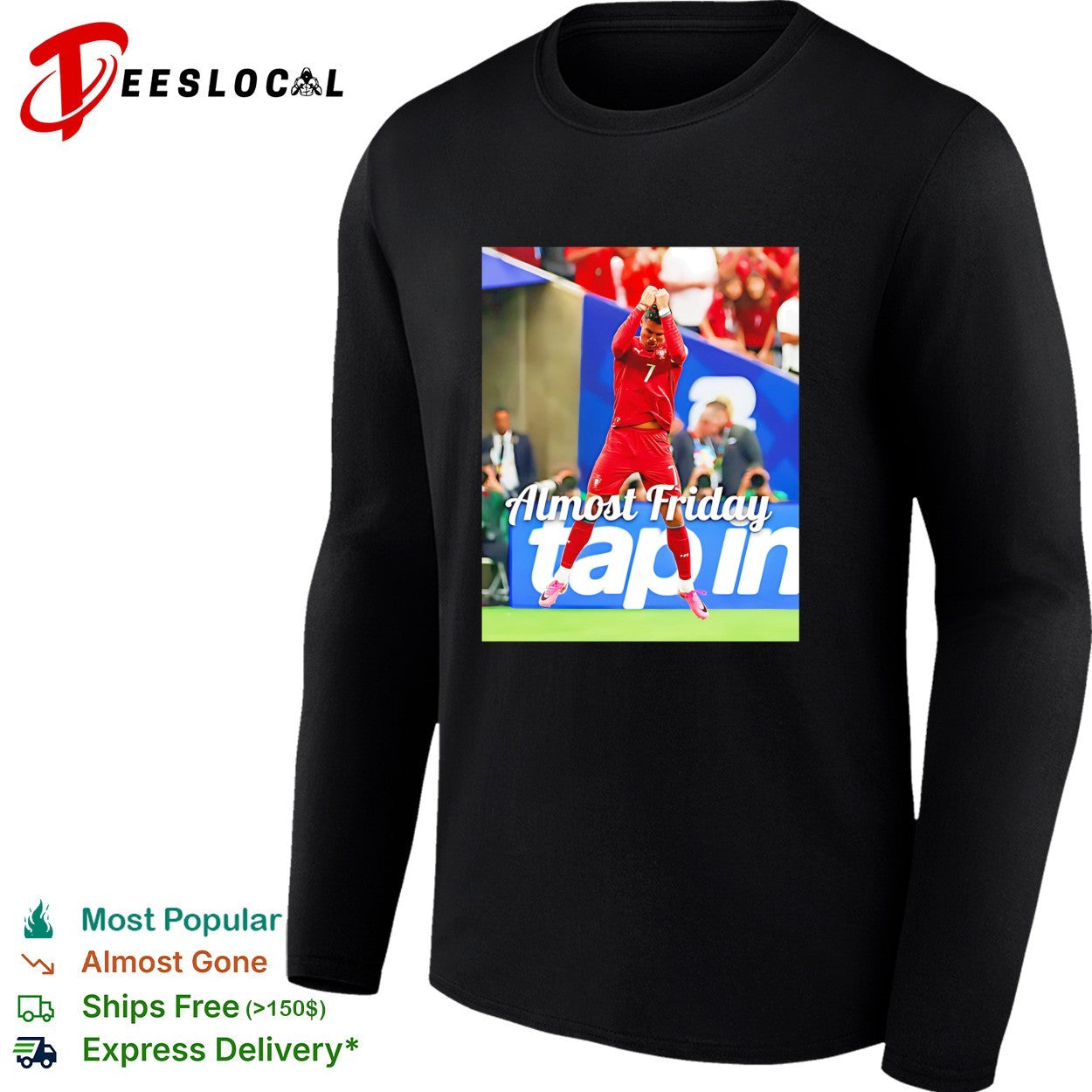 Goalkeeper celebrating tap in Almost Friday shirt