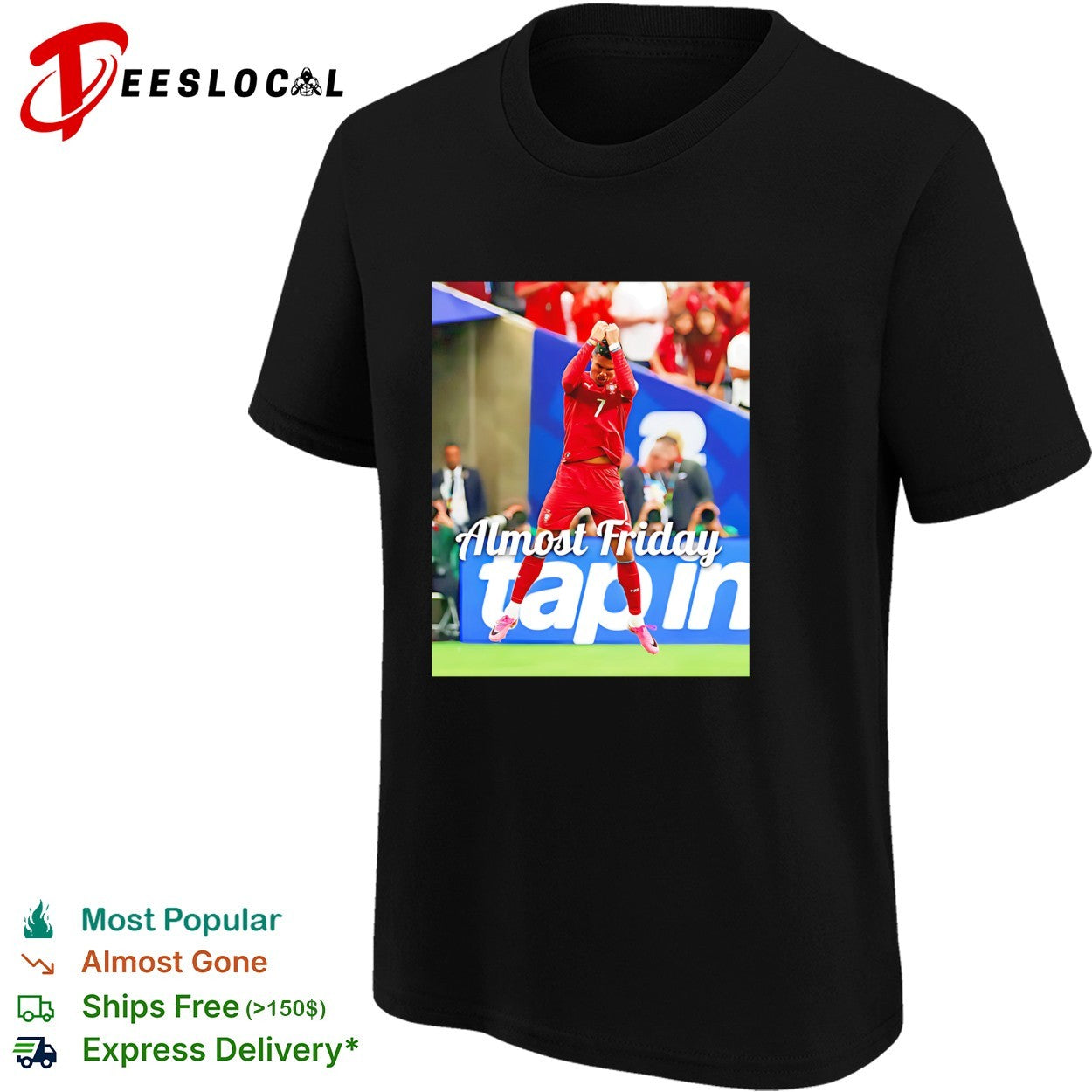 Goalkeeper celebrating tap in Almost Friday shirt