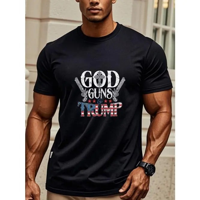 God Guns And Trump Men's Black T Shirts Graphic Tee Cotton T Shirts Crew Neck Casual T Shirt Funny Lightweight Ultra-Soft...