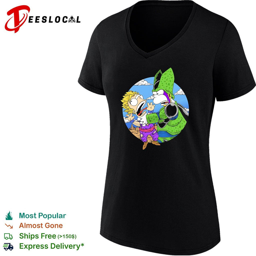 Gohan and Cell in the style of Bart and Homer Simpson why you little Saiyan shirt