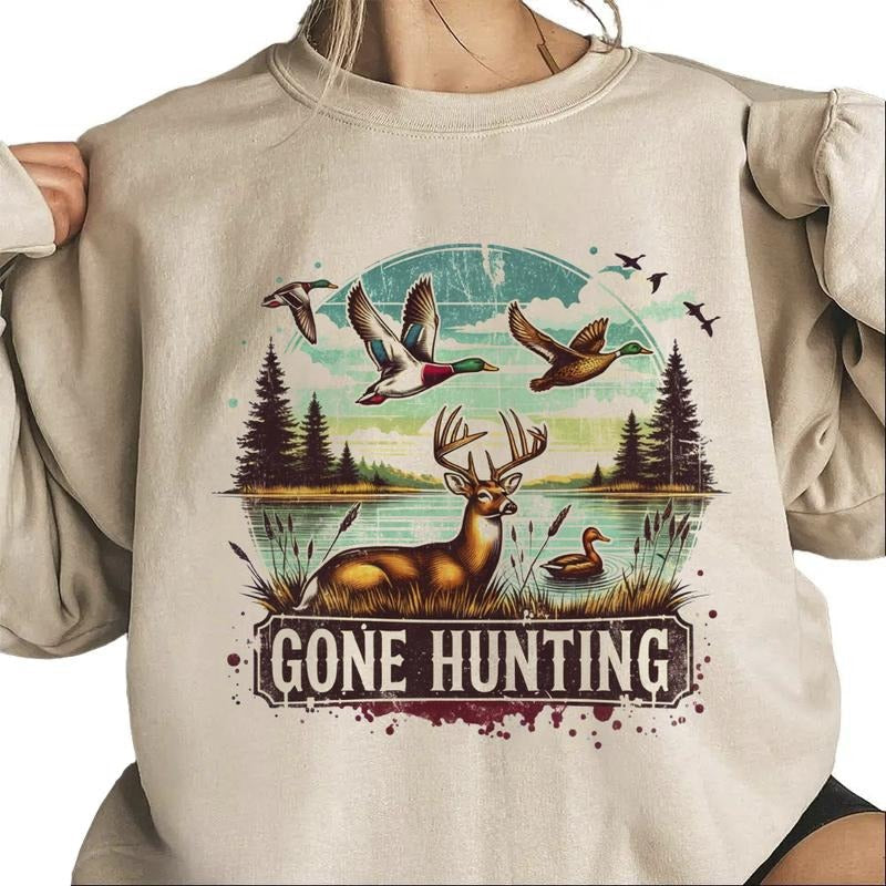 Gone Hunting Deer Sweatshirt Mallard Duck Retro T-Shirt Hunting Season National Day Unisex Hoodie | CiraTrend.com