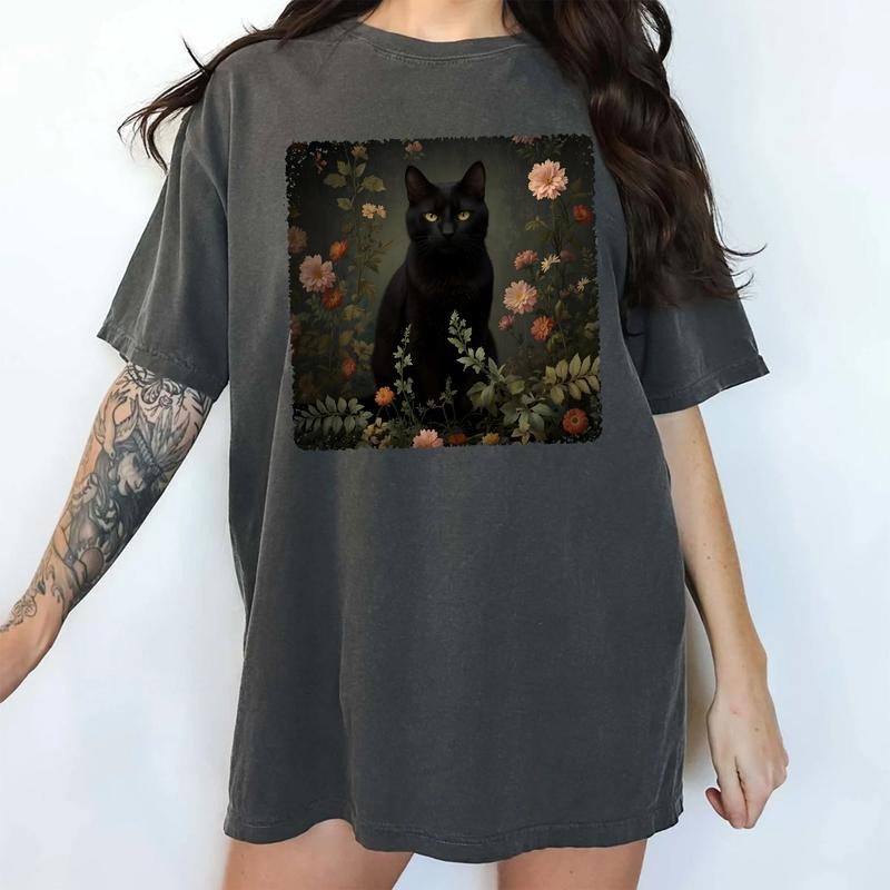 Gothic Cat Comfort Colors Shirt, Vintage Floral Black Cat Tee, Gothic Cat Mom T-shirt, Animal Lover Clothing Hoodie,...