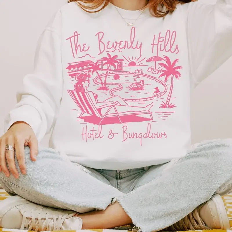 Graphic Beverly Hills Hotel and Bungalows, Sweatshirt, Quirky and Cool Hoodie, Retro Vibes Crewneck, Bougie, Trendy, Gift for Her, Inspirational Quote Womenswear Sweater