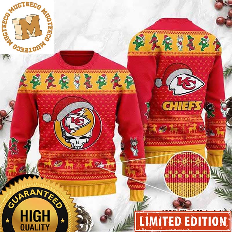 Grateful Dead Kansas City Chiefs Santa Hat Logo Ugly Christmas Sweater 2023