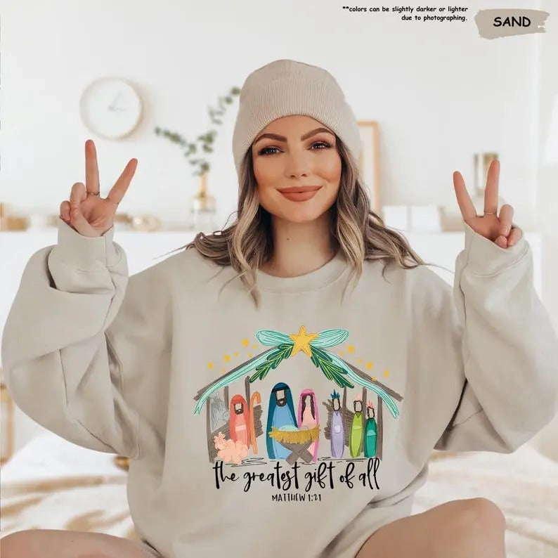 Greatest Gift Of All, Jesus Christmas Christian Sweatshirt, Women Christmas Gift, Bible Verse Xmas,Nativity Xmas,Jesus Love,Religious  T-shirt, sweater and Hoodie