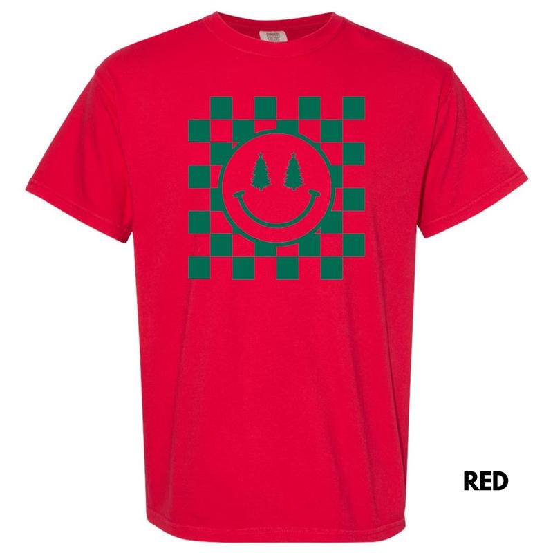 Green Checkered Christmas Tree Happy Face Comfort Colors T-Shirt Hoodie, Sweatshirt | CiraTrend.com