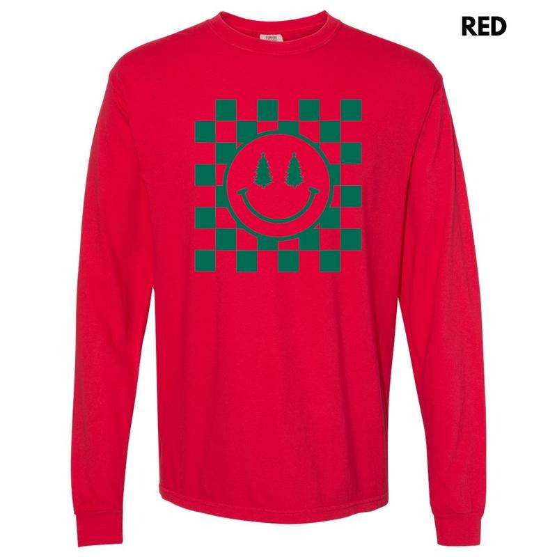Green Checkered Christmas Tree Happy Face Long Sleeve Comfort Colors T-Shirt Hoodie, Sweatshirt | CiraTrend.com