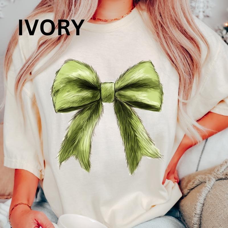 Green Fur Christmas Bow Shirt, Christmas Bow Shirt, (COMFORT COLORS T-SHIRT, CASUAL SHIRT UNISEX, CHRISTMAS CLOTHING,...