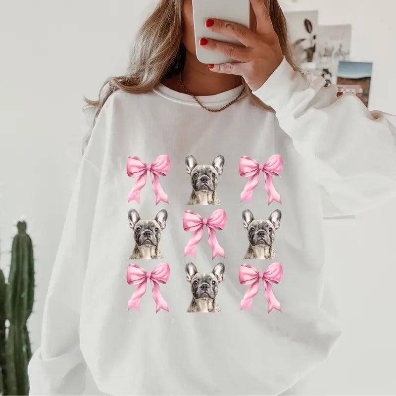 Blue Merle/Grey French Bulldog with bows Sweatshirt ~ Sweatshirt Unisex Apparel Relaxed Fit Printed in the USA Clothing...