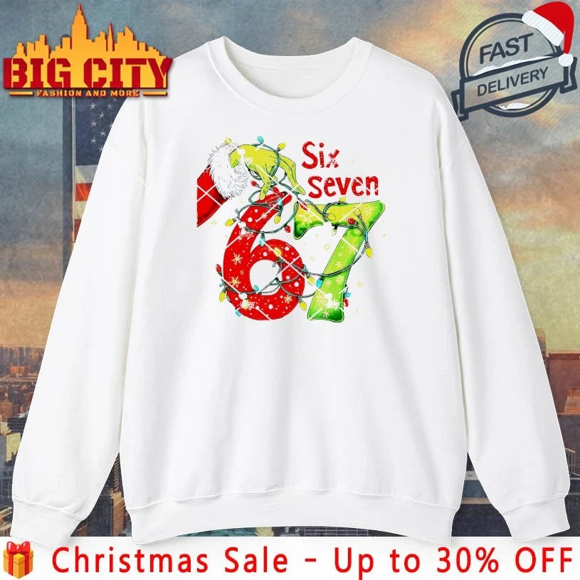 Grinch Hand 67 Christmas Lights Six Seven Pajamas Holiday Gen Alpha Slang shirt
