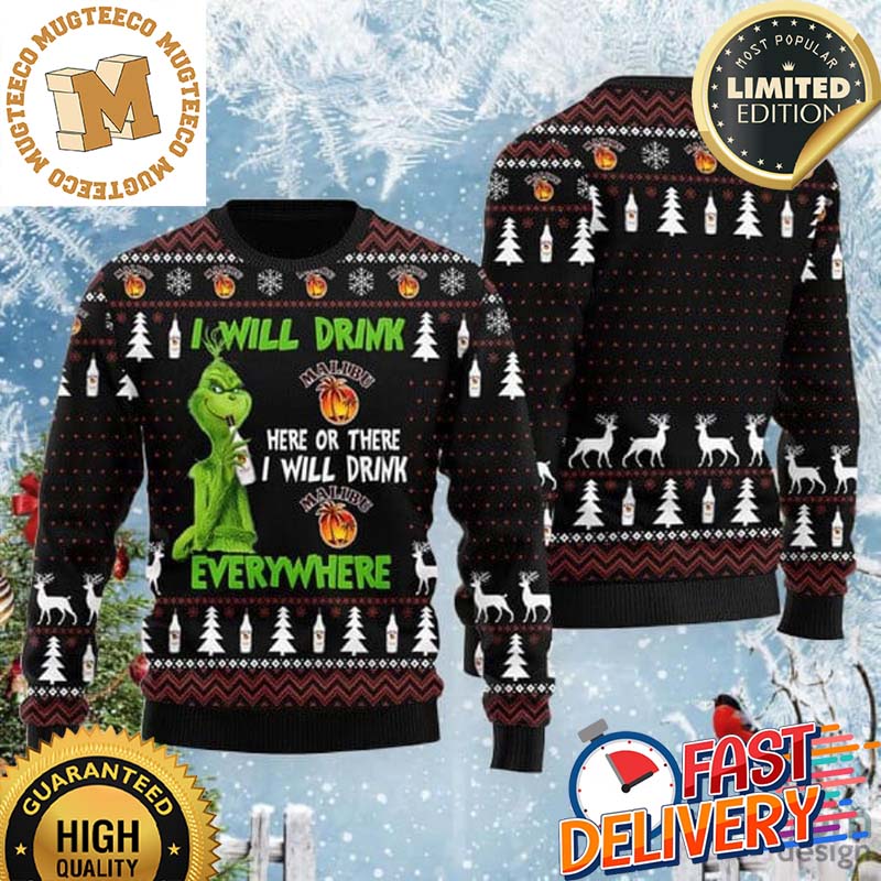 Grinch I Will Drink Malibu Rum Everywhere Funny Ugly Christmas Sweater
