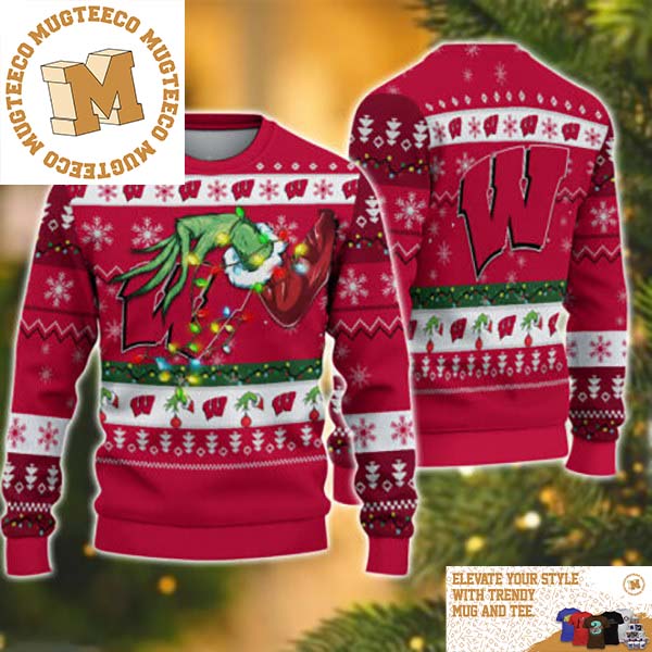 Grinch Stole Wisconsin Badgers NCAA Funny Xmas 2023 Gift For Holiday Ugly Christmas Sweater