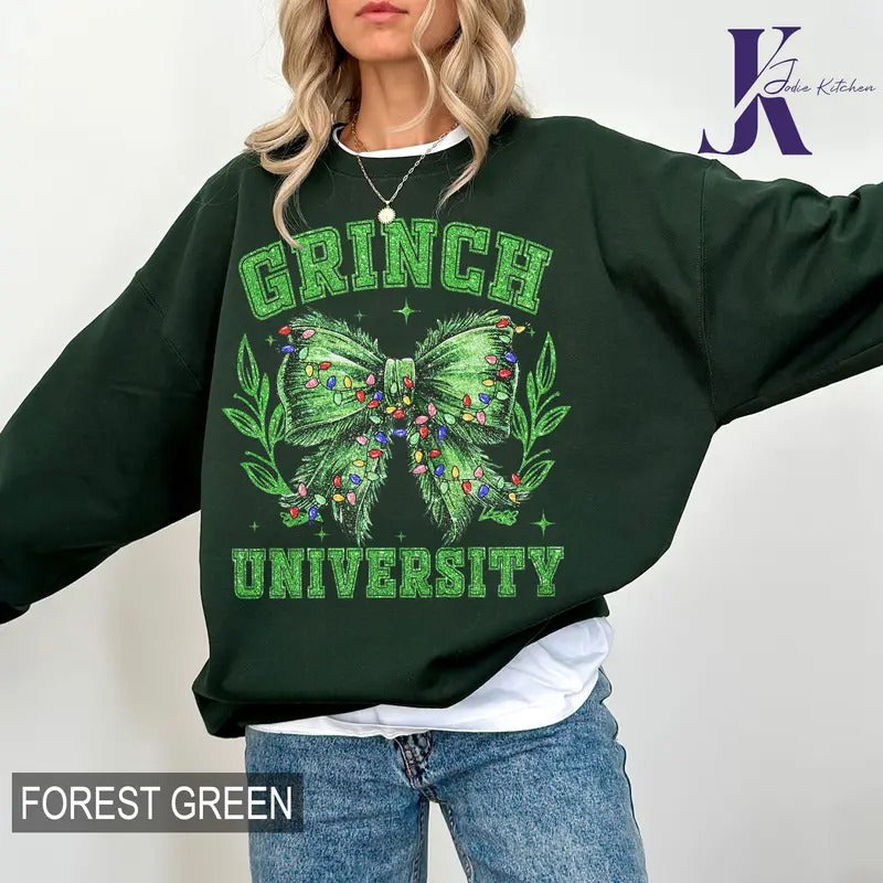 Grinchmas Coquette Bow Sweatshirt, Green Fur Sweatshirt, Christmas Season Shirt, Green guy Shirt, Christmas Movie Hoodie