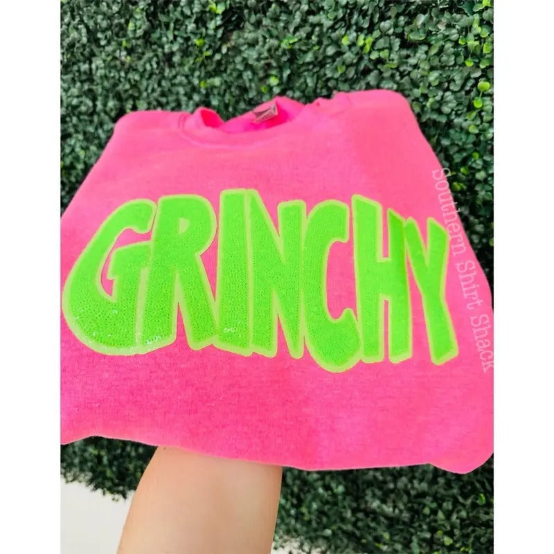 Grinchyyyy Sequin Patch Sweatshirt | Holiday Christmas Sweatshirt