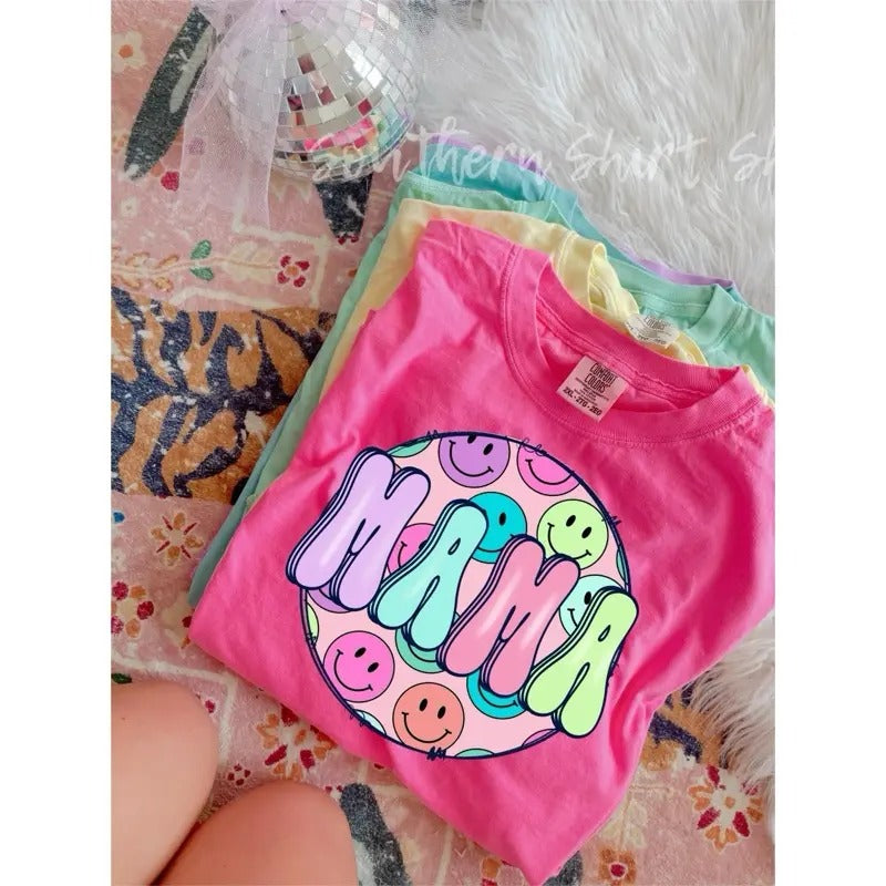 Groovy smiley face mama T shirt  | neon pink comfort colors t shirt Hoodie, Sweatshirt | CiraTrend.com