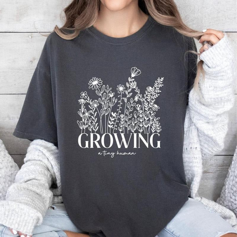 Growing A Tiny Human Pregnancy Announcement Comfort Colors Shirt, Spring Flower Baby Reveal Maternity Shirt, Gift for...