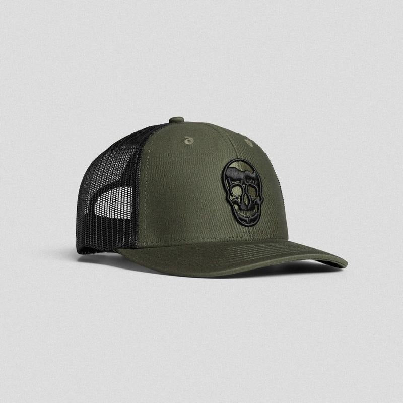 Gymreapers OD Green Trucker Hat with Breathable Mesh Back Panel for Custom Fit - Embroidered Skull Design