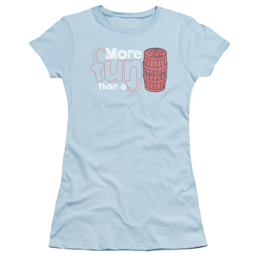 Barrel of Monkeys More Fun Junior Sheer Cap Sleeve Womens T Shirt Light Blue Hoodie, Sweatshirt | CiraTrend.com