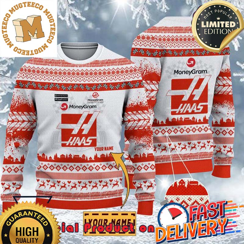 Haas F1 Racing Team Custom Name Ugly Christmas Sweater For Holiday 2023 Xmas Gifts