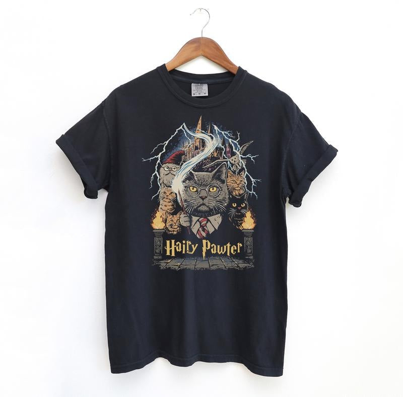 Hairy Pawter Vintage 90s Graphic Shirt, Retro Funny Cat Comfort Colors Shirt, Cat Wizard Fantasy Shirt Hoodie, Sweatshirt