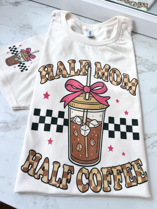 Half Mom Half Coffee Checkered Short Sleeve Graphic Tee Unisex Screen Printed T-Shirt Womenswear Crewneck Casual Tshirt...