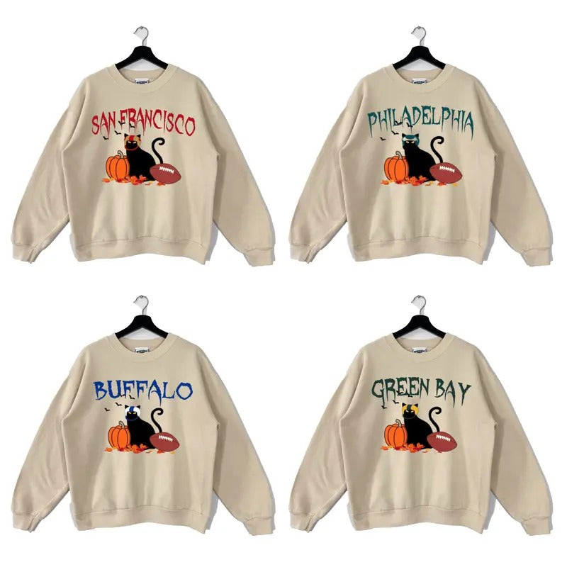 Halloween Black Cat Football Sweatshirt Color Sand, Football Sweatshirt T-Shirts, Hoodie | CiraTrend.com