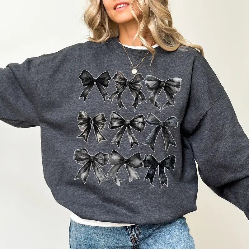 Halloween Black Coquette Bows Sweatshirt, Black Bow Sweater, Halloween Coquette Crewneck for Women, Dark Coquette Bow...