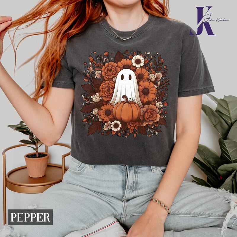 Halloween Fall Floral Ghost Comfort Color Shirt, Halloween Ghost Tshirt, Fall Flowers and Pumpkin T-Shirt, Cute Ghost...