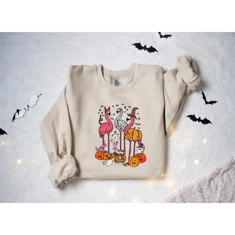 Halloween Flamingo Sweatshirt, Halloween Sweater, 2024 Happy Halloween, Retro Spooky Season, Ghost Sweatshirt, Flamingo...