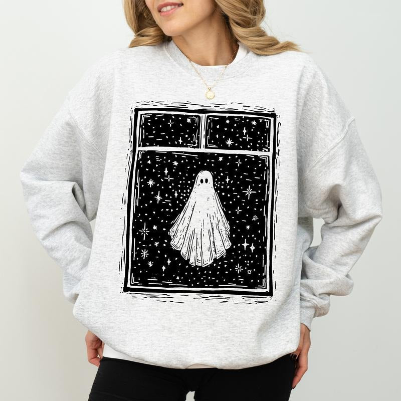Halloween Ghost Sweatshirt, Funny Halloween Ghost in Window Crewneck, Spooky Season Sweatshirt, Cute Ghost Sweater,...