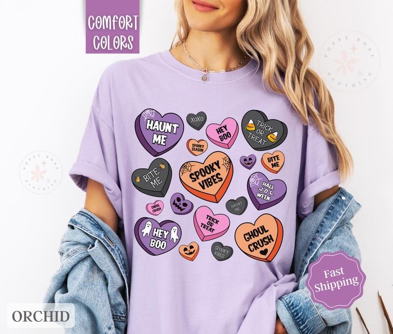 Halloween Hearts Shirt Comfort Colors, Fall Tshirt,  October Vibes Shirt for Women Oversized Crewneck Tee Hoodie, Sweatshirt