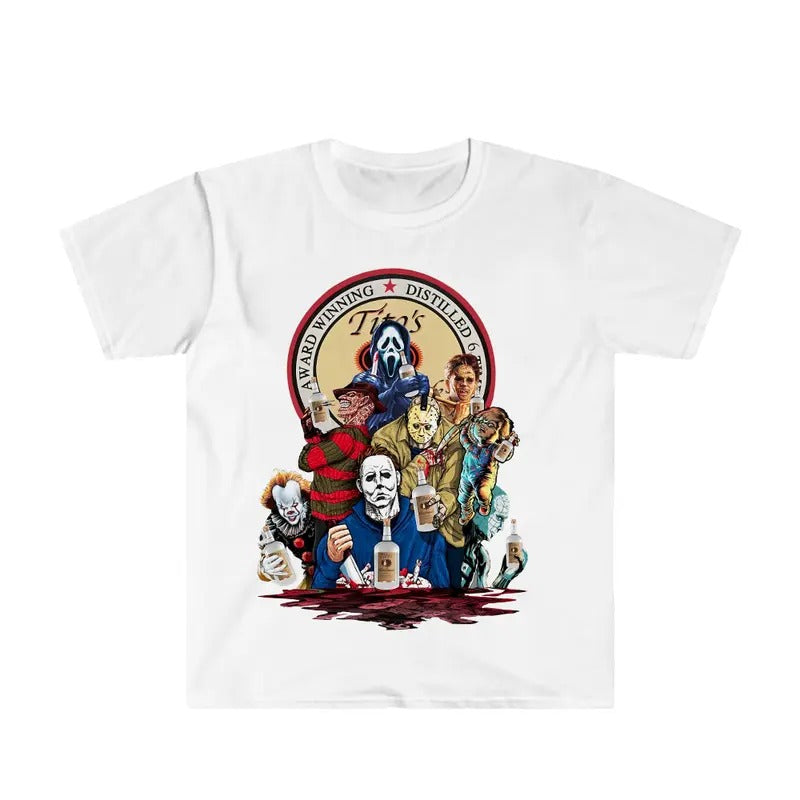 Halloween Horror Characters Drinking Tit.o's Vodk.a Shirt Unisex T Shirt Hoodie Sweatshirt | CiraTrend.com