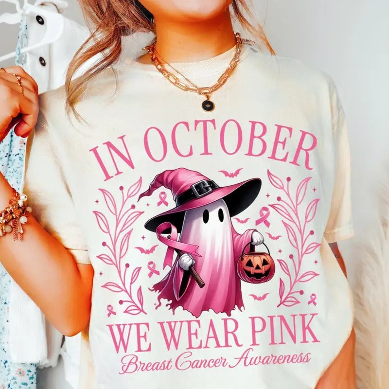 Halloween Pink Ghost T-shirt, Breast Cancer Awareness Tee, October Pink Tee, Pink Ghost Design for October & Halloween,...