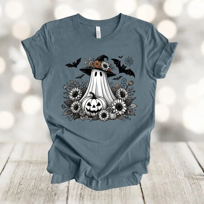 Halloween Shirt, Ghost With Flowers Pumpkin And Bats, Floral Spooky, Premium Unisex Shirt Hoodie, Sweatshirt | CiraTrend.com