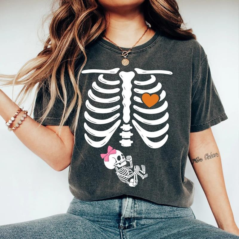 Halloween Skeleton Pregnant Shirt Girl Baby - Funny Maternity Costume Sweatshirt with Pink Bow, Spooky Pregnancy Reveal...