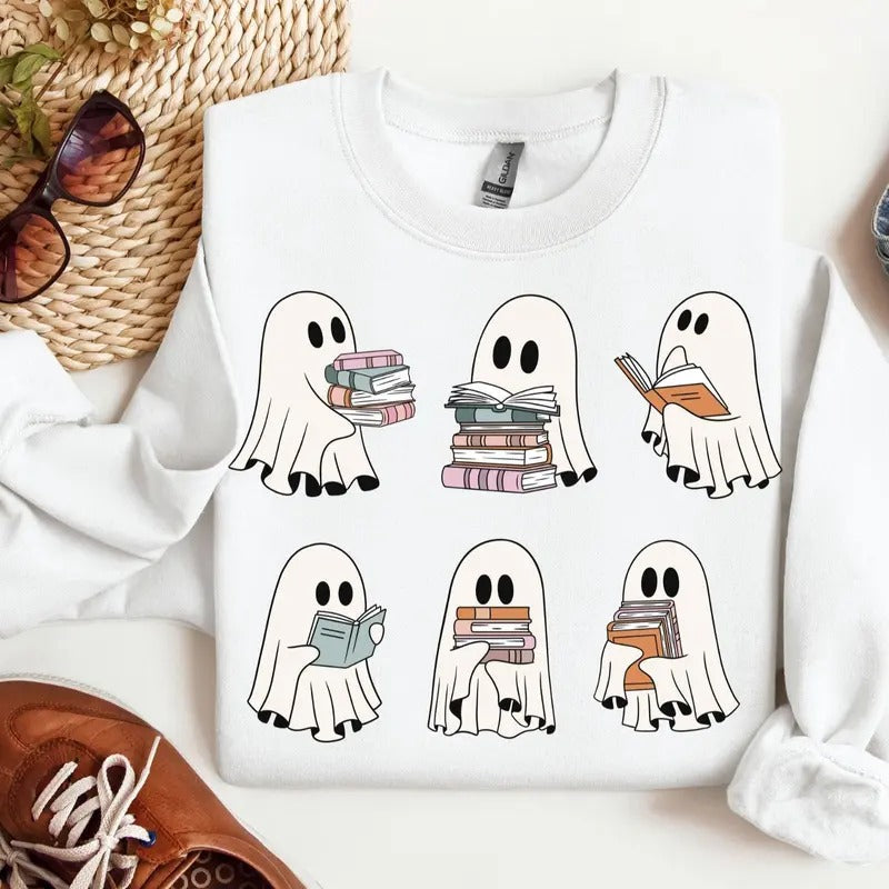 Halloween Sweatshirt Retro Ghosts Reading Books Teacher Librarian Halloween Gift Spooky Season Trendy Shirt Gift...