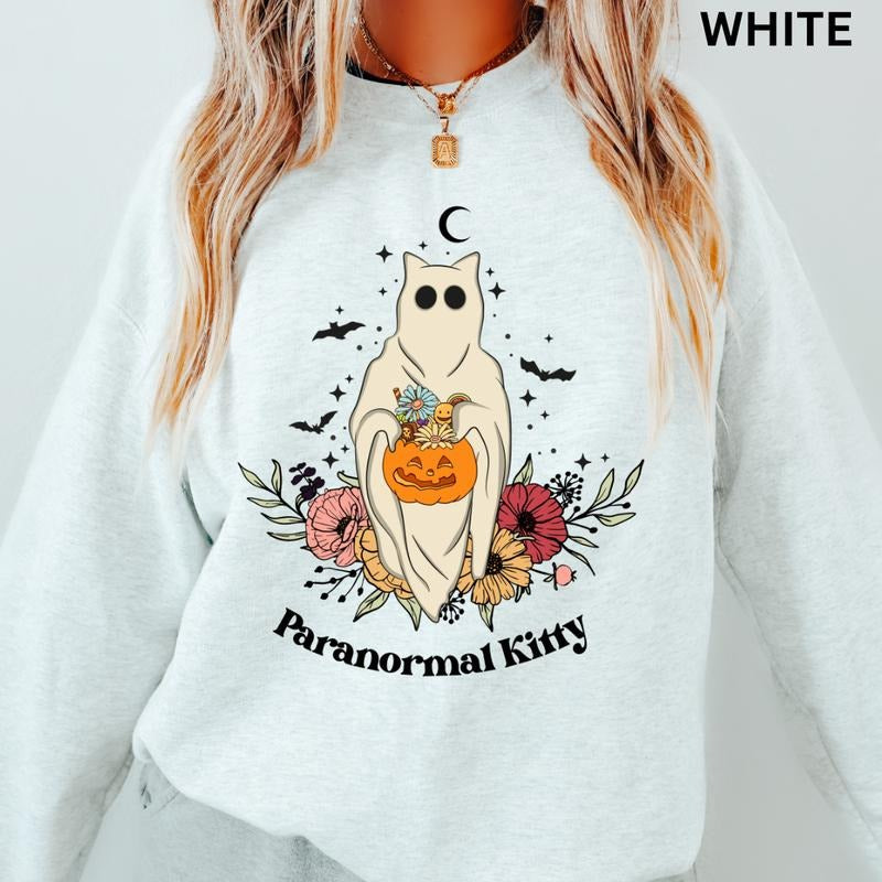 Halloween Sweatshirt, Womens Halloween Cat Sweatshirt, Paranormal Kitty Crewneck, Cats Sweatshirt, Oversized Halloween Graphic Crewneck, Cotton Pullover Spooky Season Sweater