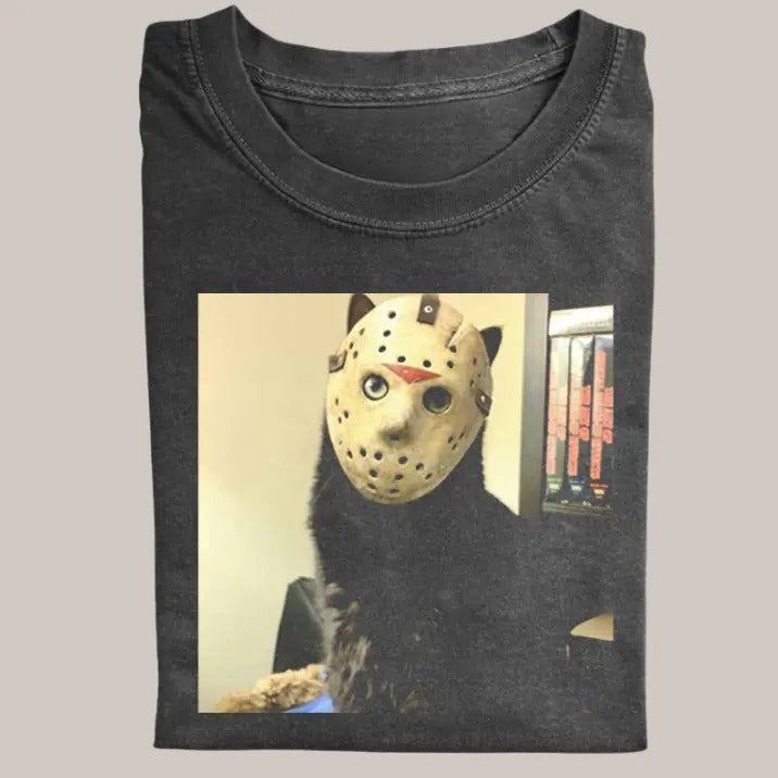 Halloween Vintage Tees, Jason Cute Black Cat T-shirt, Horror Movie Shirt, Unisex Funny Halloween Shirt Menswear...