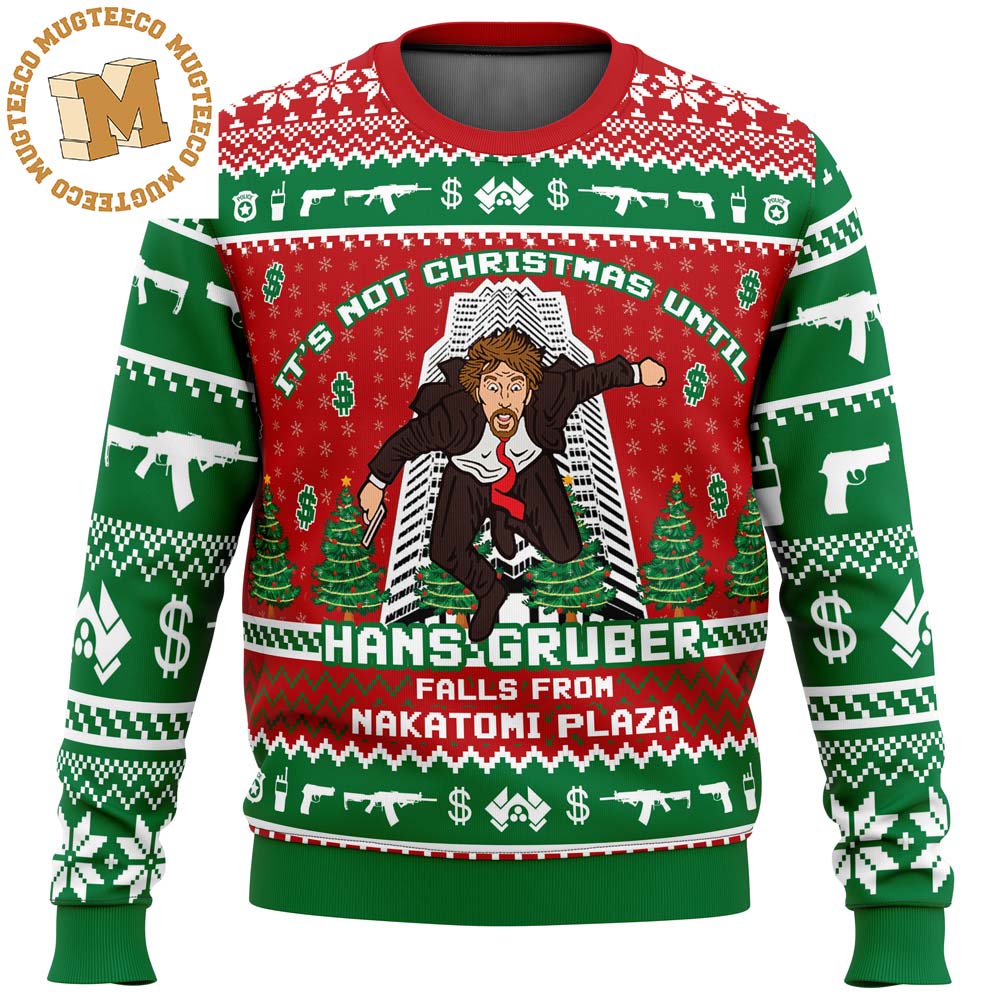 Hans Gruber Fall Nakatomi Plaza Die Hard Red And Green Signature Christmas Ugly Sweater