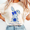 Happy Blue Easter Bunny T-Shirt, Happy Easter T-Shirt, Blue Floral Chinoiserie Bunny T-Shirt, Blue Toile Easter Rabbit...