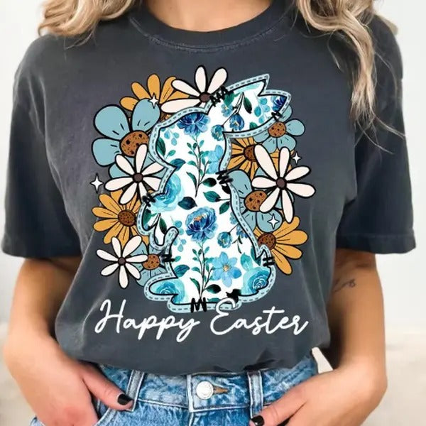 Happy Easter Bunny Shirt, Tee Shirt , Easter Shirt , Floral Easter T-shirt
