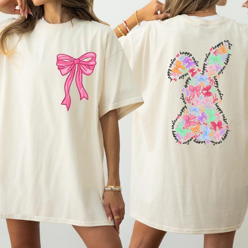 Happy Easter Day T-Shirt, Coquette Bow Shirt, Coquette Bow Bunny Shirt, Easter Day Two-Sided Shirt, Pink Bow Easter Shirt...