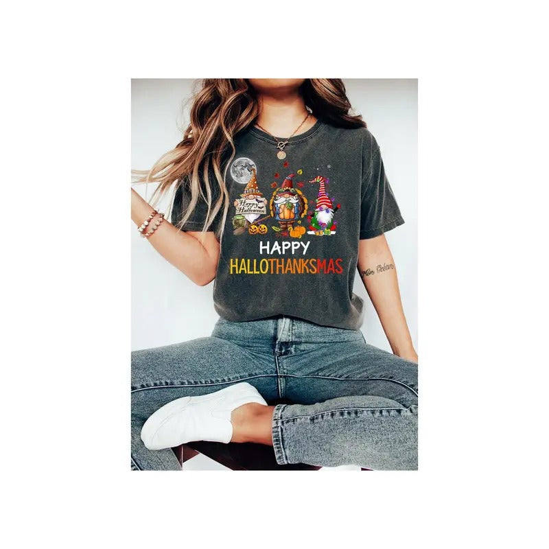 Happy Hallothanksmas Shirt Halloween Shirt Thanksgiving Shirt Christmas Gnome Shirt Christmas Sweatshirt Happy Halloween Sweatshirt