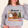 Happy Hallothanksmas Shirt, Funny Unisex T Shirt Crewneck Cotton Fabric Hoodie, Sweatshirt | CiraTrend.com