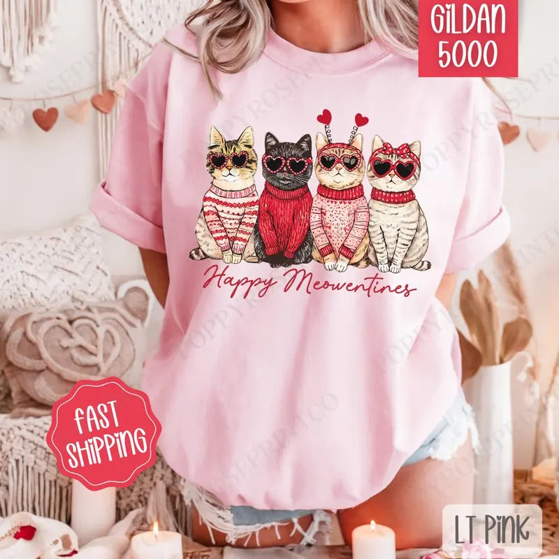 Happy Meowentines Shirt Gildan, Valentine's Day Women's Tee, Holiday Cat Women's Tshirt Plus Sizes Hoodie, Sweatshirt